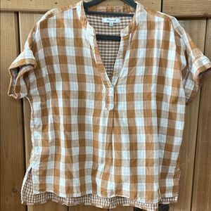 Madewell Sz XS Double-Faced Relaxed Blouse Popover Cap Sleeve Tan/White Check